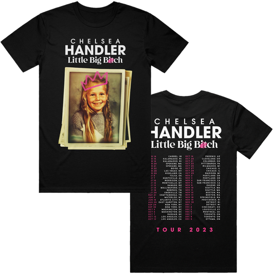 Front and back view of a black t-shirt with 'Chelsea Handler Little Big Bitch' text and a vintage school picture of a person on the front, and tour dates on the back.
