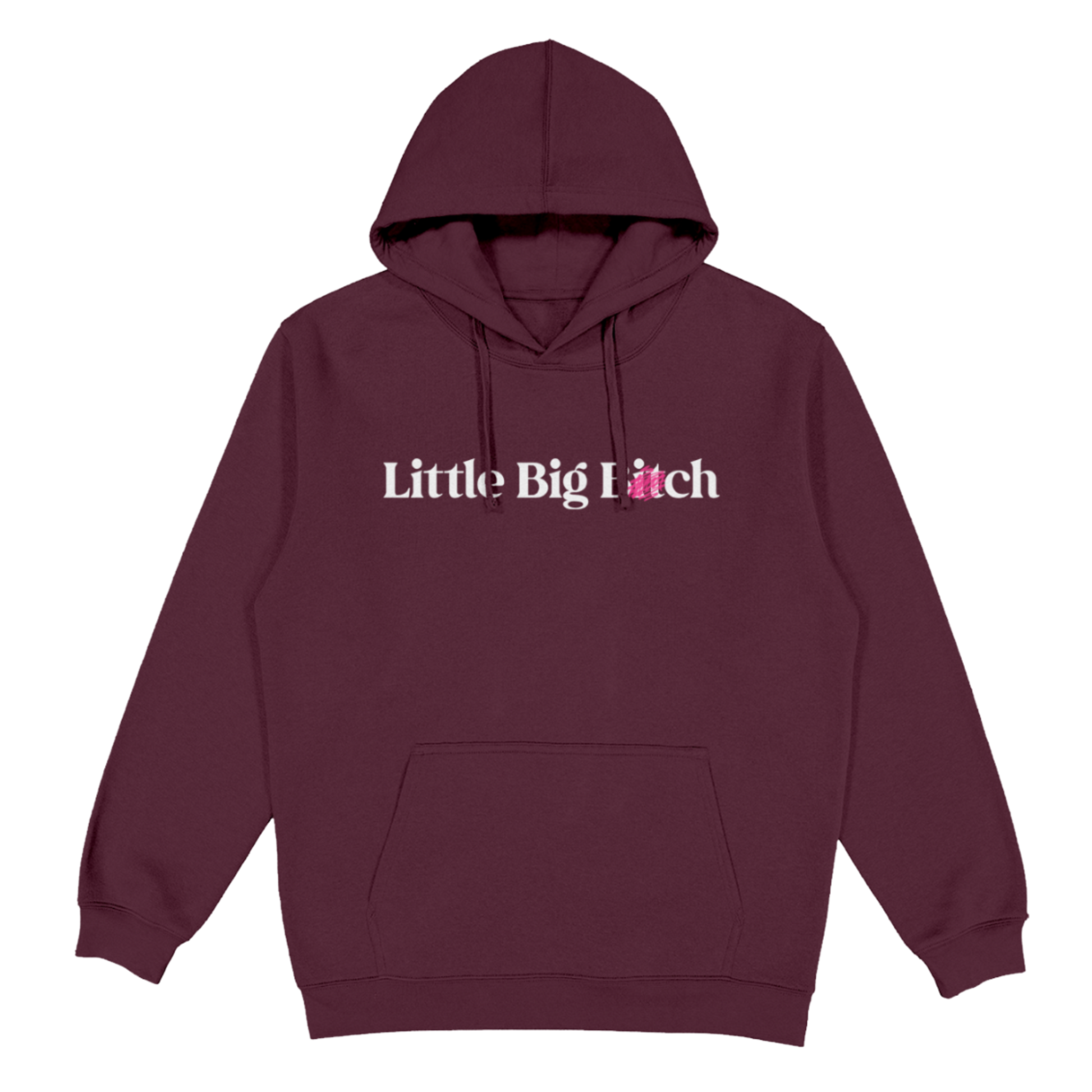 Maroon hoodie with 'Little Big Lie' text on a white background