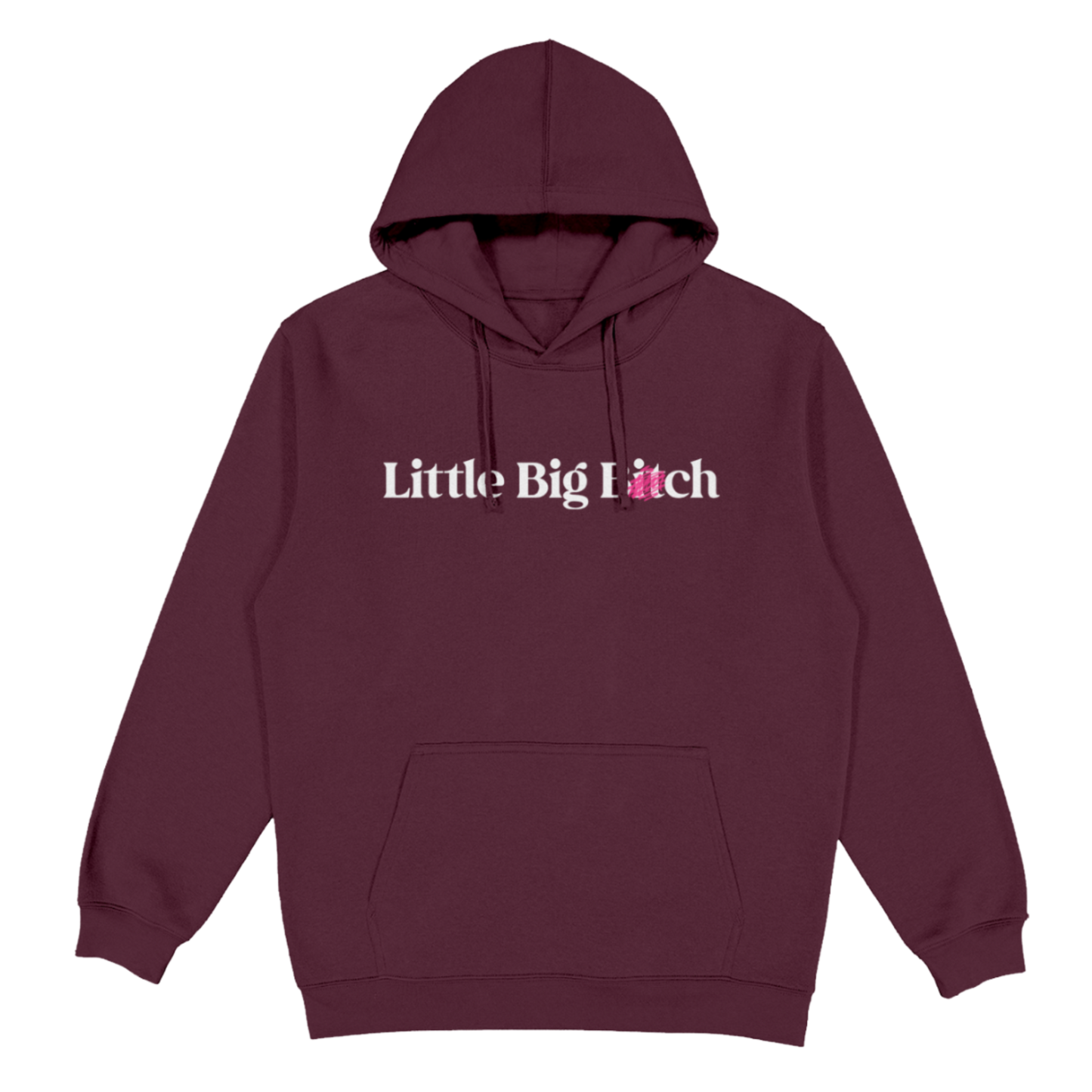Maroon hoodie with 'Little Big Lie' text on a white background